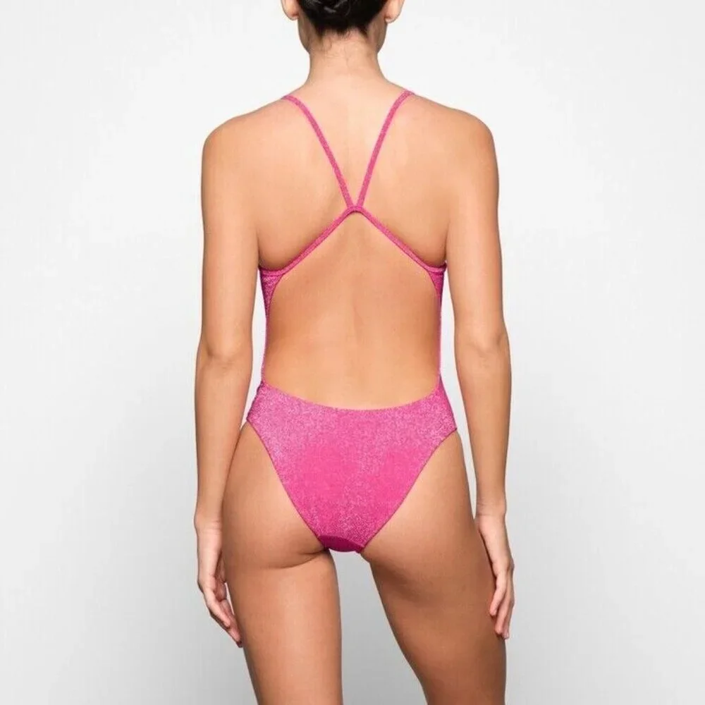 SKIMS Magenta Pink Glitter One Piece Swimsuit for Women Plus Size 4X New - Picture 2 of 3